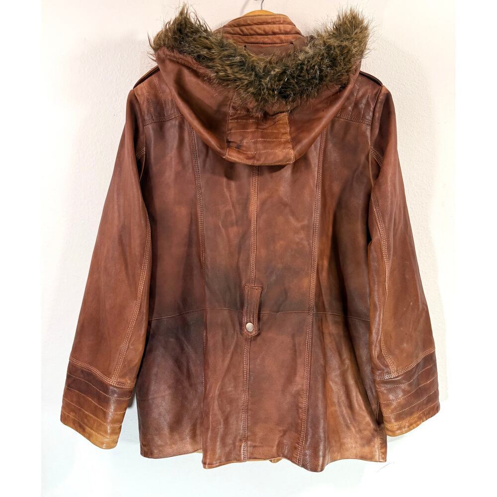 Wilsons Brown Leather Hooded Fur-Trim Jacket Women’s 1X Genuine Leather Coat - Picture 2 of 11